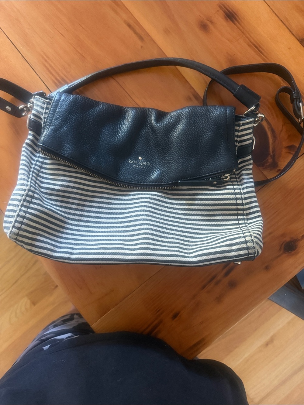 kate spade Black Leather-Trim Navy & White Striped Crossbody